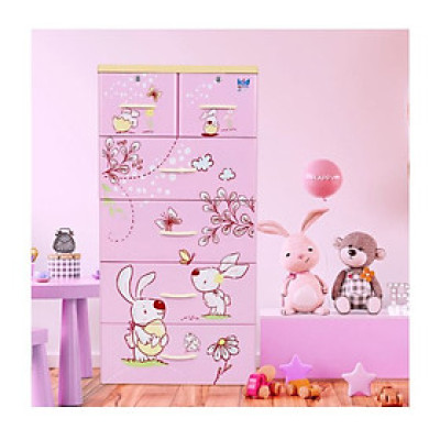 Tủ nhựa 5 tầng Qui Phúc KID màu hồng mẫu Con Thỏ KT 600 x 470 x 1300 mm _ Juno Sofa hàng lắp sẵn