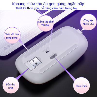 Chuột không dây A2 Pro, chuột máy tính không tạo tiếng ồn, sạc được pin, hiệu ứng đèn Led RGB- Hàng nhập khẩu