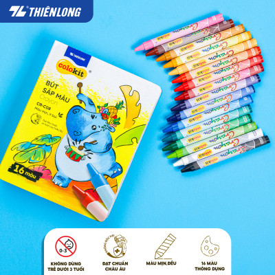 Bút sáp màu Thiên Long Colokit 16 màu mịn, ít bụi, đều màu tiêu chuẩn Châu Âu an toàn cho trẻ em tô màu, vẽ tranh CR-C08
