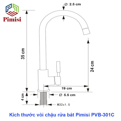 Vòi rửa bát nóng lạnh inox 304 Pimisi dùng cho chậu rửa chén bát trong nhà bếp gắn chậu - bàn đá, quay 360 độ dùng được cho chậu rửa chén 2 hố - đã kèm 2 sợi dây cấp nước | Hàng chính hãng