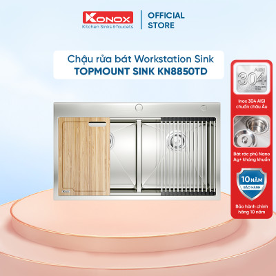 Chậu rửa bát Konox, Topmount Series, Model KN8850TD, Inox 304AISI tiêu chuẩn châu Âu, Hạ bậc tích hợp, 880x500x228(mm), Hàng chính hãng