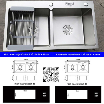 Chậu rửa bát chén inox 304 Pimisi đúc 2 hố cân, kích thước bồn rửa chén 78 x 43 - 82 x 45 cm làm từ thép không gỉ sus 304 đầy đủ xi phông loại to và kèm rổ đựng đồ dùng để rửa chén bát gắn được cả âm - dương bàn đá bếp | Hàng chính hãng