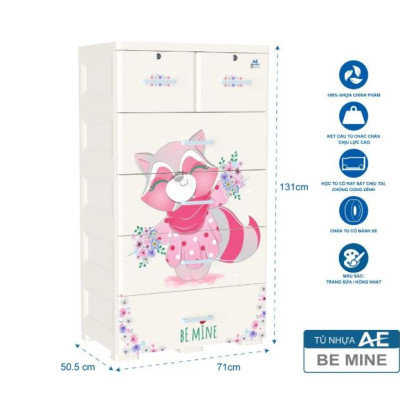 Tủ nhựa 5 tầng Qui Phúc AE màu hồng mẫu Be mine KT 710 x 505 x 1310 mm _ Juno Sofa hàng lắp sẵn