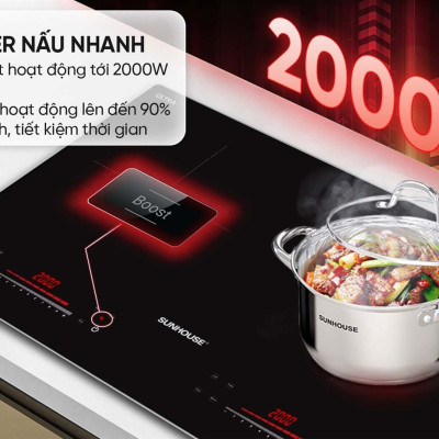 Bếp từ đôi Sunhouse SHB-566HL, Công suất 4000W, Mặt kính Ultra Vitro Ceramic bo viền sang trọng, Chức năng nấu nhanh Booster, Bảng điều khiển Slider Control siêu nhạy, Tính năng hẹn giờ, khóa trẻ em, tự động ngắt, Hàng chính hãng - BH 3 năm tại nhà