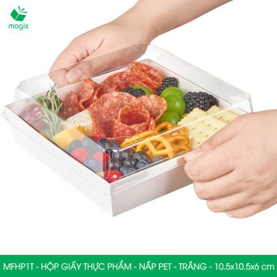 MFHP1T - 10.5x10.5x6 cm - 50 hộp giấy thực phẩm màu trắng nắp Pet, hộp giấy vuông đựng thức ăn, hộp bánh nắp trong
