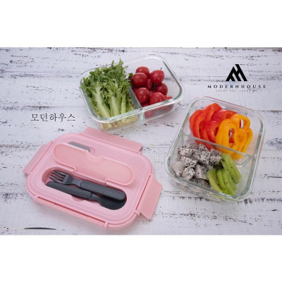 Hộp thủy tinh đựng thức ăn hình chữ nhật 2 ngăn, có nắp nhựa PP gồm nĩa và muỗng nhựa - Hàng chính hãng