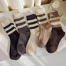 Combo 5 đôi tất nữ mùa thu đông Azuno cổ cao kẻ sọc nhiều màu