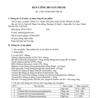 Viên sắt, acid folic, DHA, vitamin & khoáng chất Fe-NANA - Hộp 20 viên