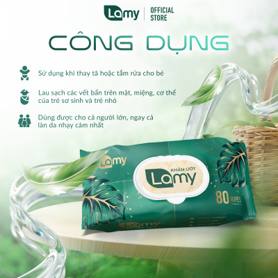Khăn ướt Lamy gói 80 tờ không mùi không cồn không chất tẩy trắng an toàn cho bé