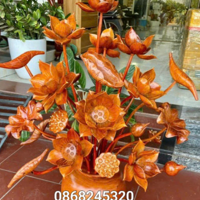 2 bình hoa sen 25 bông phong thủy trang trí phòng khách phòng thờ bằng gỗ hương đá cực đẹp 