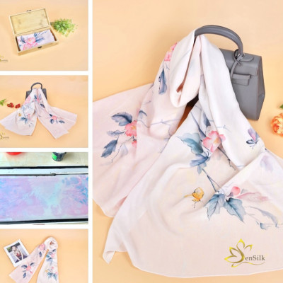 Khăn Lụa Thủy Ấn Cao Cấp Vẽ Tay Hoa Mugunghwa Hàn Quốc, Khăn Thời Trang Cao Cấp SenSilk, Khăn Lụa Tơ Tằm, Khăn Lụa Độc Bản