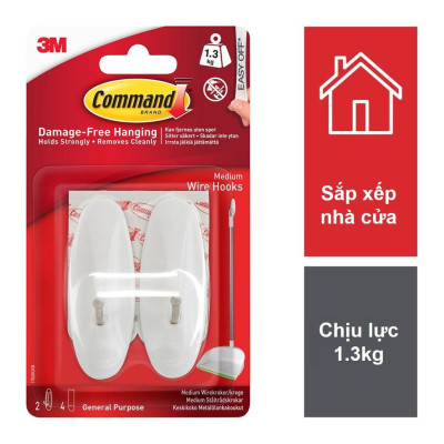 Móc dán tường đầu kim loại Command 3M vỉ 2 cái cỡ vừa chịu lực 1.3kg - Độ bền cao, bám cực chắc, tháo cực dễ 17068