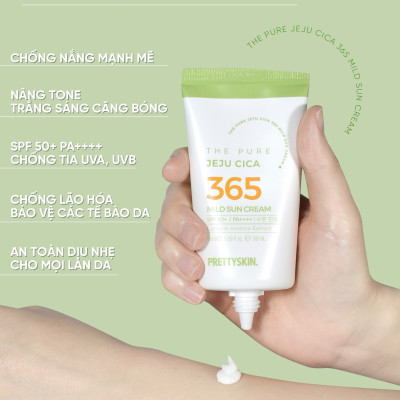 Kem chống nắng nâng tông, kháng nước 365 Pretty Skin The Pure Jeju Cica 365 Mild Sun Cream