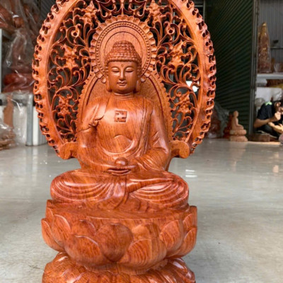 Tượng phật adi đà bằng gỗ hương đá 30x17x16cm+ lá chắn hòa quang cao tổng 41cm 