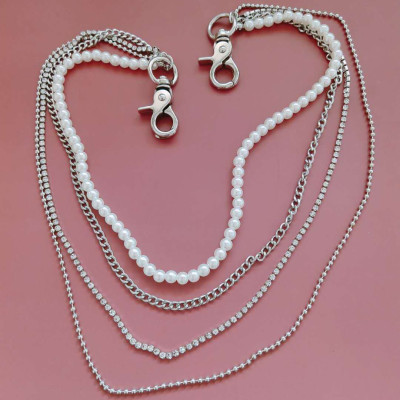 Dây đeo thắt lưng body chain belt xích phối đá và ngọc trai nhiều tầng lớp nổi bần bật