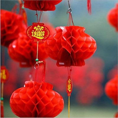 Đèn lồng treo trang trí Tết chữ Phúc tổ ong đỏ size 20cm/30cm/40cm MINMUN1618