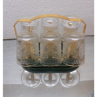 Combo 6 cốc thủy tinh uống nước chịu nhiệt cao cấp họa tiết tống đồng kèm giá úp cốc có khay hứng nước ngọng vàng