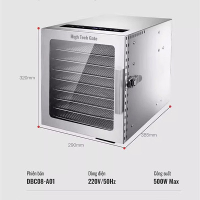 Máy Sấy Thực Phẩm Inox HTG 8 khay DBC08-A01 Sấy Khô Hoa Quả, Thịt, Đồ Ăn, Tia UV Khử Khuẩn, Hẹn Giờ, Hàng Chính Hãng