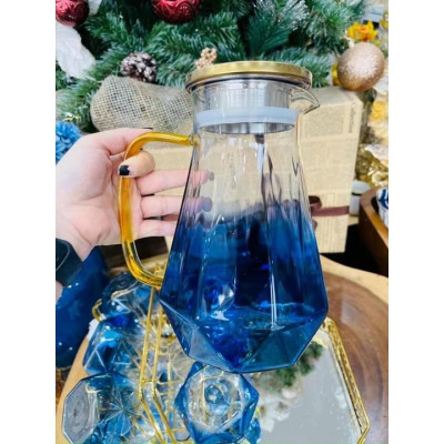 Sét bình đựng nước uống thủy tinh chịu nhiệt cao cấp màu xanh nước biển vân kim cương kèm khay và giá úp