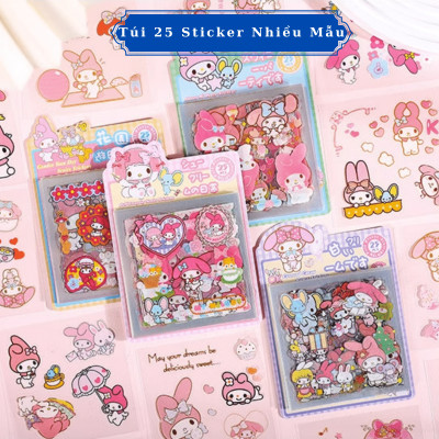 Túi 25 Tờ Sticker Sanrio, Gấu Dâu, Cinnamoroll, Thỏ Tai Hồng (Đã Cắt Sẵn) 
