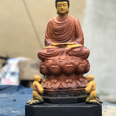 Nhất tâm niệm phật tượng phật thích ca ,bằng gỗ hương đá tô làm mầu giả cổ kt 35×20×18cm