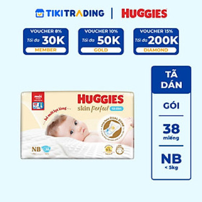 Tã/bỉm dán sơ sinh Huggies Skin Perfect NB 38 miếng với 2 vùng thấm giảm kích ứng da