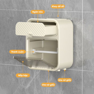 Hộp Đựng Giấy Vệ Sinh 2 tầng có kệ để diện thoại dán tường chất liệu ABS + PP cao cấp chống nước có ngăn kéo để đồ và kệ để điện thoại, Kệ treo tường đa năng Kitchen