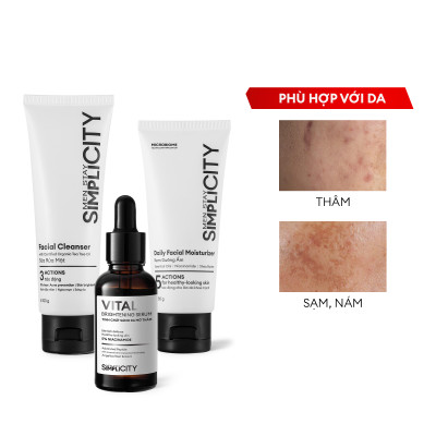 Bộ sản phẩm Men Stay Simplicity sáng da, mờ thâm cho nam: Sữa rửa mặt 100g + Vital Serum sáng da 30ml + Kem dưỡng ẩm 80g