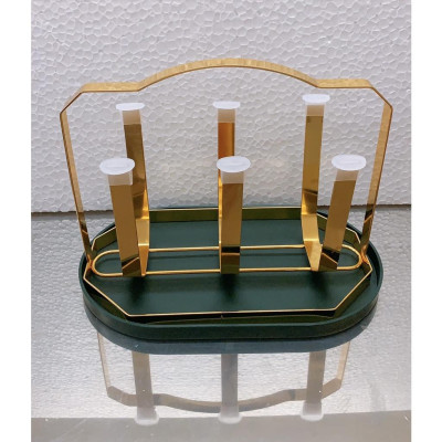 Combo 6 cốc thủy tinh uống nước chịu nhiệt cao cấp họa tiết tống đồng kèm giá úp cốc có khay hứng nước ngọng vàng