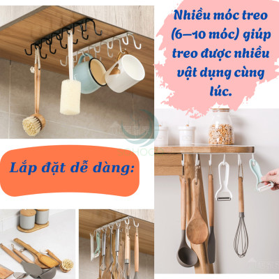 Móc Treo Dưới Gầm Tủ – Tiết Kiệm Không Gian Kệ Treo Dụng Cụ Nhà Bếp Gắn Tủ Móc Treo Ly Tách và Đồ Nhà Bếp Dưới Kệ 10 Móc