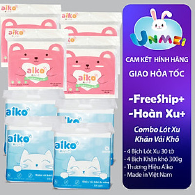 Combo Sơ Sinh Tiết Kiệm Aiko: 4 Gói Khăn Khô Aiko 300g + 4 Gói Lót Xu 25 Tờ/Gói
