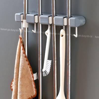 Giá Đỡ Chổi 4 Lỗ Kẹp Cây Lau Nhà 5 Móc Treo Khăn Bàn Chải Cọ Tắm Đa Năng Hamart Dán Tường Siêu Dính