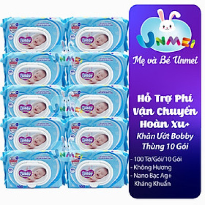 Combo Tiết Kiệm: 10 Gói Khăn Ướt Bobby Care Không Hương 100 Miếng/Gói