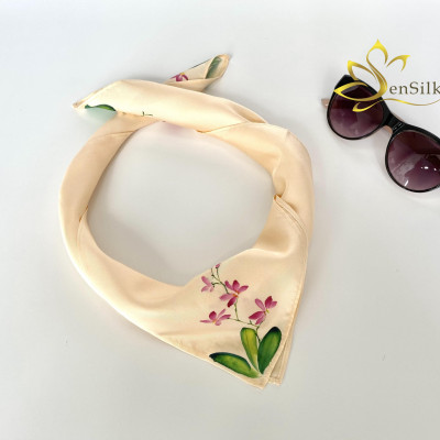 Cột Tóc Nữ Lụa Tơ Tằm Vẽ Tay Hoa Lan SenSilk, Khăn Lụa Đẹp Thời Trang 55x55cm