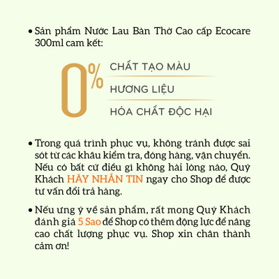 Nước Lau Bàn Thờ Cao cấp Ecocare 300ml kết hợp giữa Trầm Hương và Quế giúp tẩy uế, mang lại vượng khí