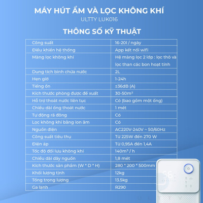 Máy Hút Ẩm & Lọc Không Khí ULTTY LUK016 Công suất 16-20L/Ngày - Hàng Chính Hãng