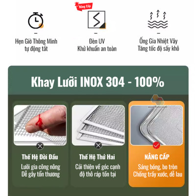 Máy Sấy Thực Phẩm Inox HTG 8 khay DBC08-A01 Sấy Khô Hoa Quả, Thịt, Đồ Ăn, Tia UV Khử Khuẩn, Hẹn Giờ, Hàng Chính Hãng