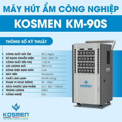 Máy Hút Ẩm Công Nghiệp Kosmen KM-90S Dung Tích Bình Nước 8L - Hàng Chính Hãng Bảo Hành 24 Tháng