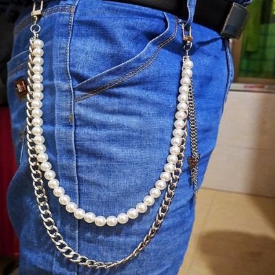 Xích móc đai quần jeans mix ngọc trai thả tua rua cánh bướm