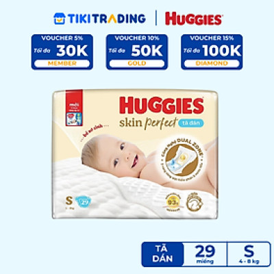 Tã/bỉm dán sơ sinh Huggies Skin Perfect S 29 miếng với 2 vùng thấm giảm kích ứng da