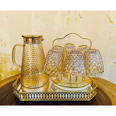 Bộ bình thủy tinh đựng nước uống vân hạt vàng gold chịu nhiệt cao cấp kèm khay và giá úp