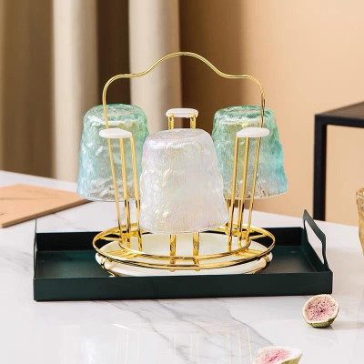 Úp cốc chữ nhật và tròn kèm khay, giá úp cốc inox 304 mạ vàng cao cấp không hoen gỉ