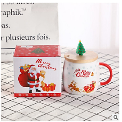 Ly sứ noel kèm muỗng sứ nắp gỗ quà tặng ý nghĩa cho giáng sinh