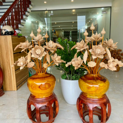 2 bình hoa sen gỗ hương đỏ ,trang trí phòng thờ ,phòng khách tuyệt đẹp, 25 cành ,hoa lá gương bằng gỗ ngọc am thơm phức 