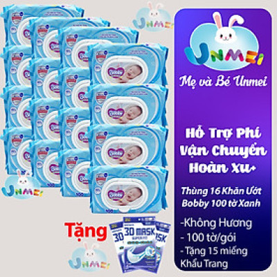 Combo Tiết Kiệm: Thùng 16 Gói Khăn Ướt Bobby Care Không Hương 100 Miếng/Gói tặng 15 khẩu trang Unicharm Nhật Bản