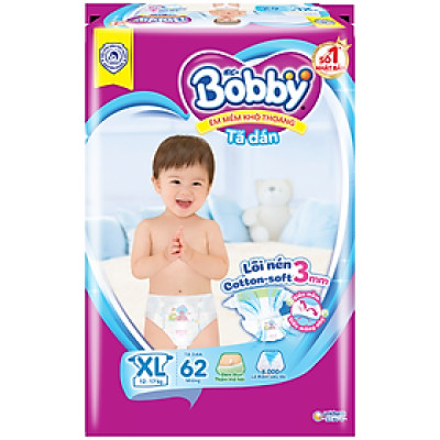 Tã Dán Bobby Siêu Mỏng Thấm Gói Siêu Lớn XL62 (62 Miếng)
