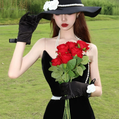 Nón fedora vành rộng mũ rộng vành nỉ phối 2 hoa trắng đai ngọc trai nhân tạo sang trọng