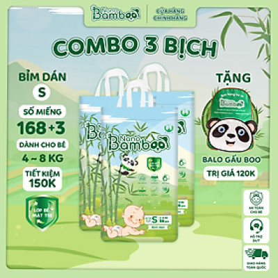 COMBO 3 Bịch tã/bỉm Dán Nano Bamboo sợi tre NB1 / S / M (168 miếng+6) tiết kiệm 150k kèm quà tặng
