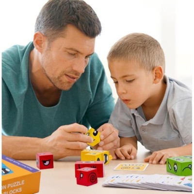 Đồ chơi Boardgame xếp hình thay đổi biểu cảm khuôn mặt bằng gỗ theo thẻ mẫu cho bé thông minh