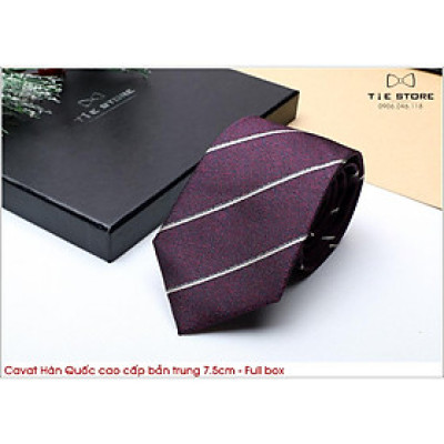 Cà Vạt Nam Bản Trung 7.5Cm màu nâu đỏ kẻ chéo - Cavat Hàn Quốc Cao Cấp Full box